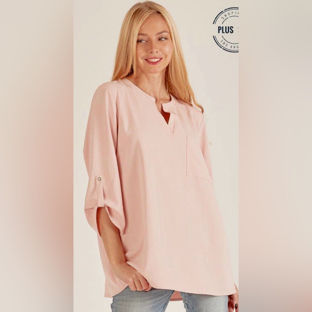 Plus Size Front Pocket Loose Fit Blouse Elegant Pink Women's Top New